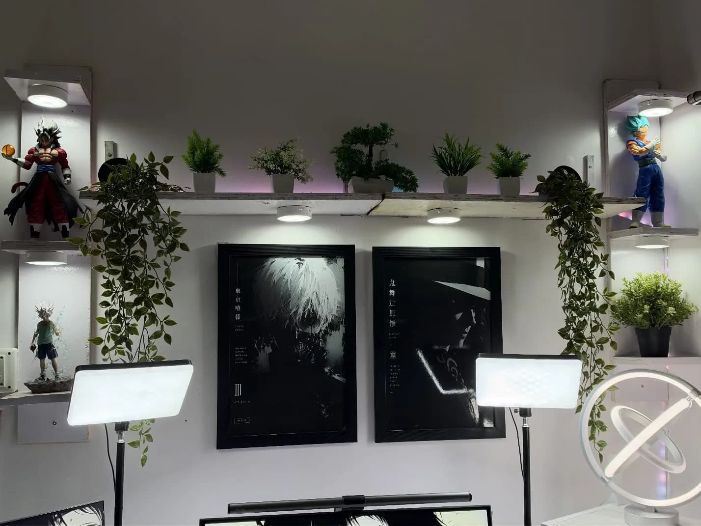 Two framed black-and-white anime posters hung on a customer's shelf-lit wall